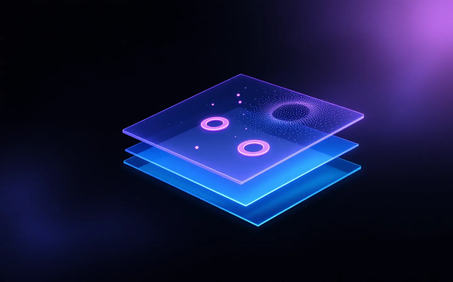An exploded stack of three translucent depth planes on a deep indigo ground — a near luminous blood-NAD+ field, a middle precursor-molecule layer, and a far dinucleotide coenzyme motif dissolving into cyan haze, lit by a single violet edge